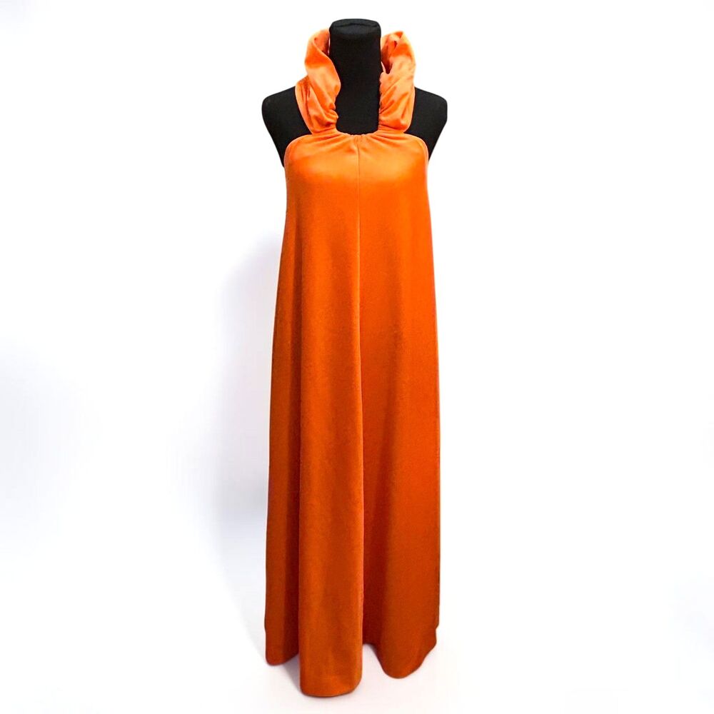 Vintage 1960s 1970s Orange Gown Halter Goddess Bonwit Teller Size 8 USA